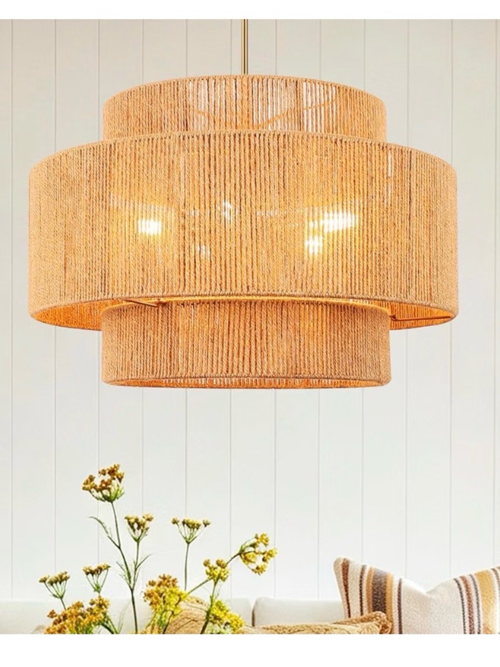 Natural Jute Layered Drum Pendant Lamp - Tan